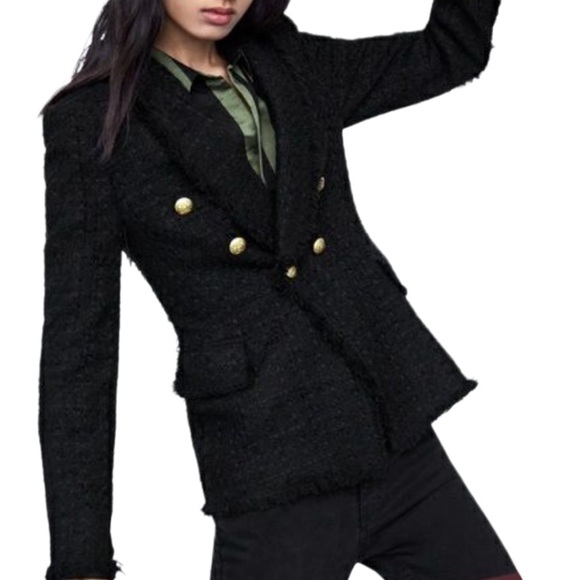 ๐ Zara Black Tweed Frayed Blazer S ๐ - Picture 2 of 11